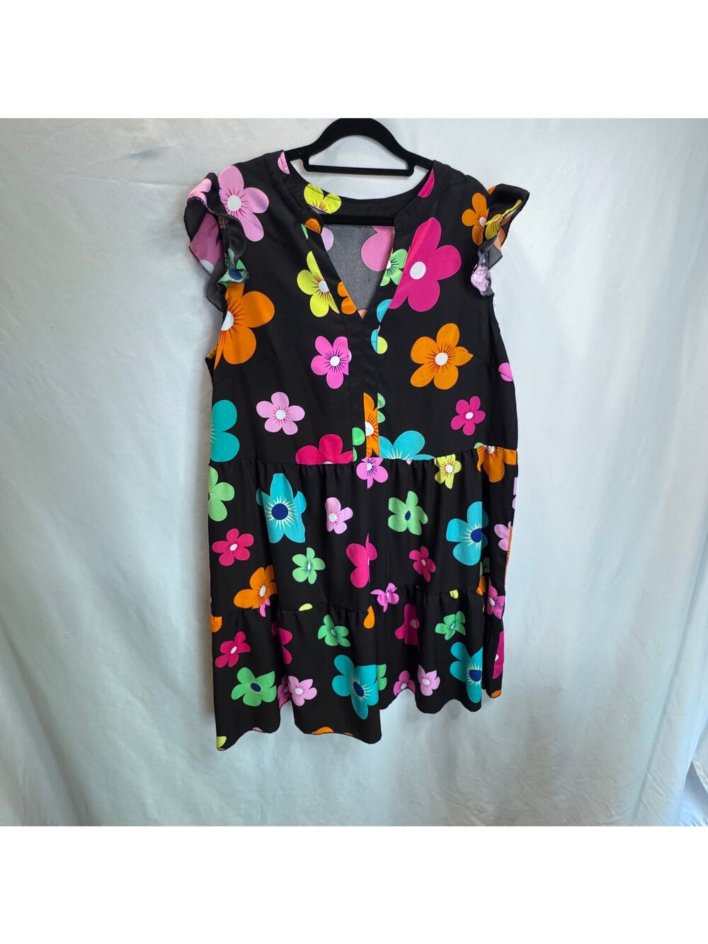 SHEIN Floral Flutter Sleeve Tiered Mini Dress Black Multi Size 14/16 Large Plus